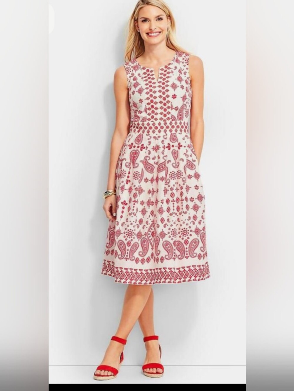 Talbots Cotton Paisley Bandana A-Line Dress w Pockets Off-White Red Sz 14W - Picture 2 of 11